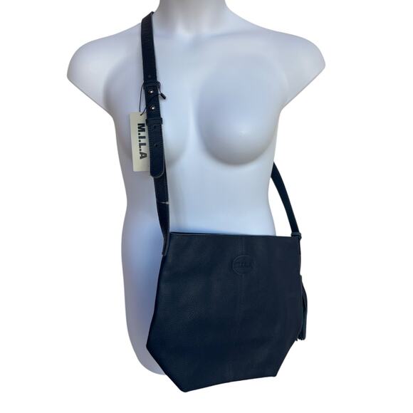 M.I.L.A. Navy Joanie Blue Pebbled Leather Crossbody Bag NWT - Has Interior Mark - Picture 4 of 12